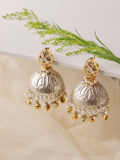 Aria Ghungroo Jhumki Earrings with Pearls and Kundan - Curio Cottage 