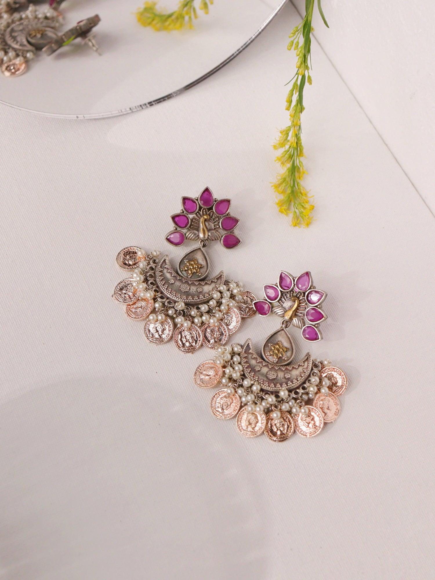 Aria Dual Tone Pink Peacock Dangler Earrings - Curio Cottage 