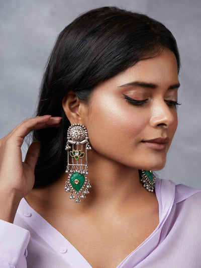 Aria Green Floating Lotus Ghungroo Dangler Earrings - Curio Cottage 