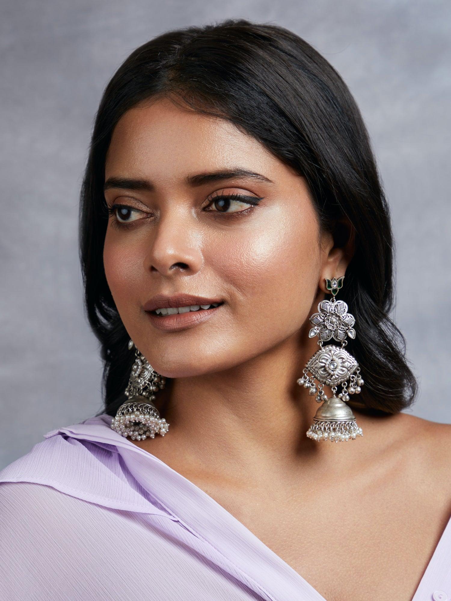 Aria Green Lotus Jhumki Earrings - Curio Cottage 