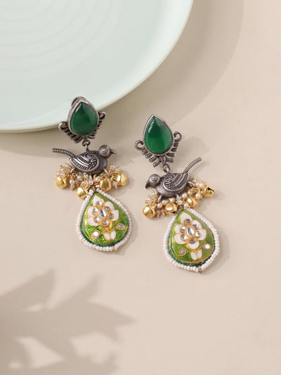 Aria Emerald Green Parrot Dangler Earrings - Curio Cottage 