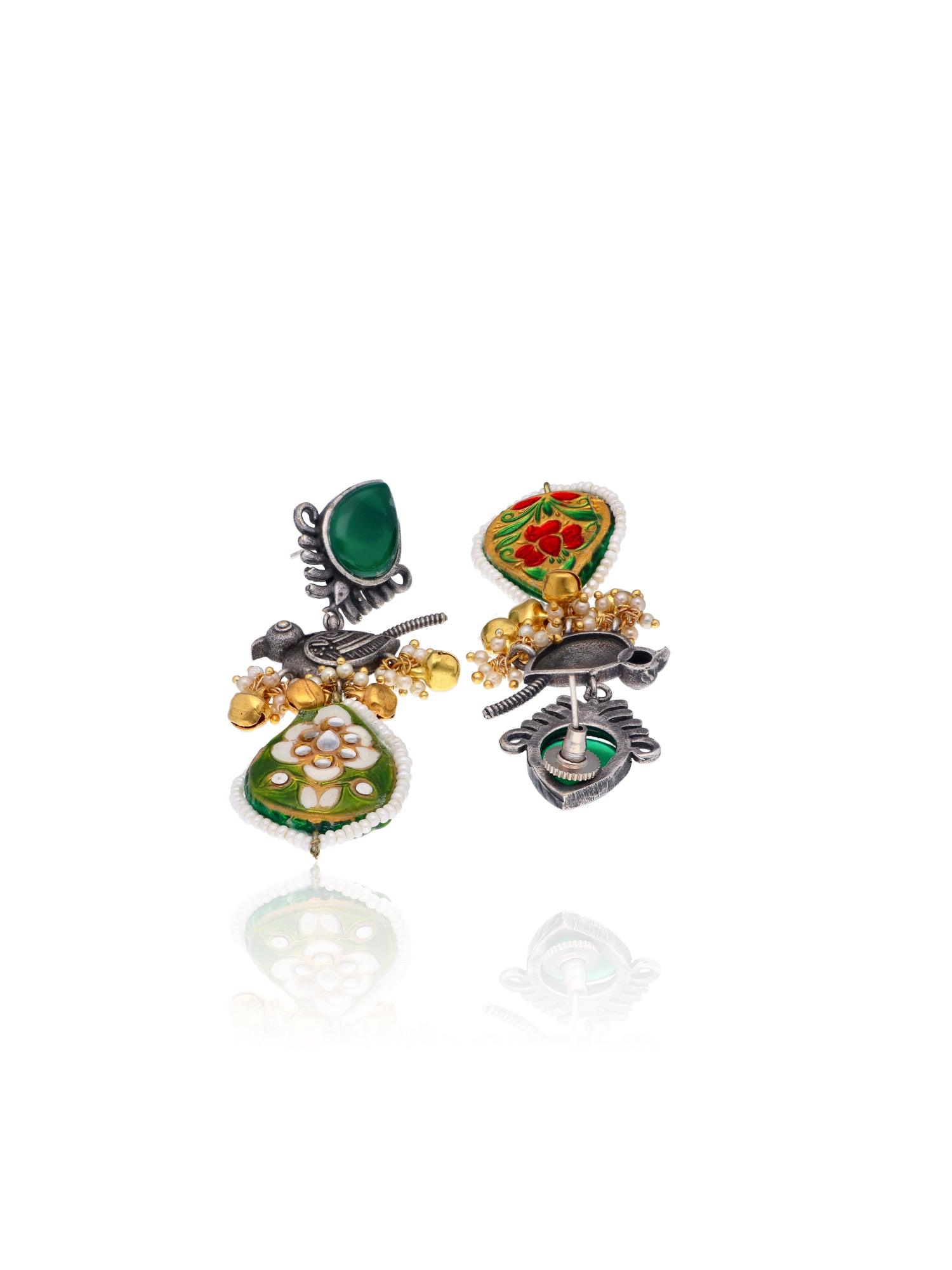 Aria Emerald Green Parrot Dangler Earrings - Curio Cottage 