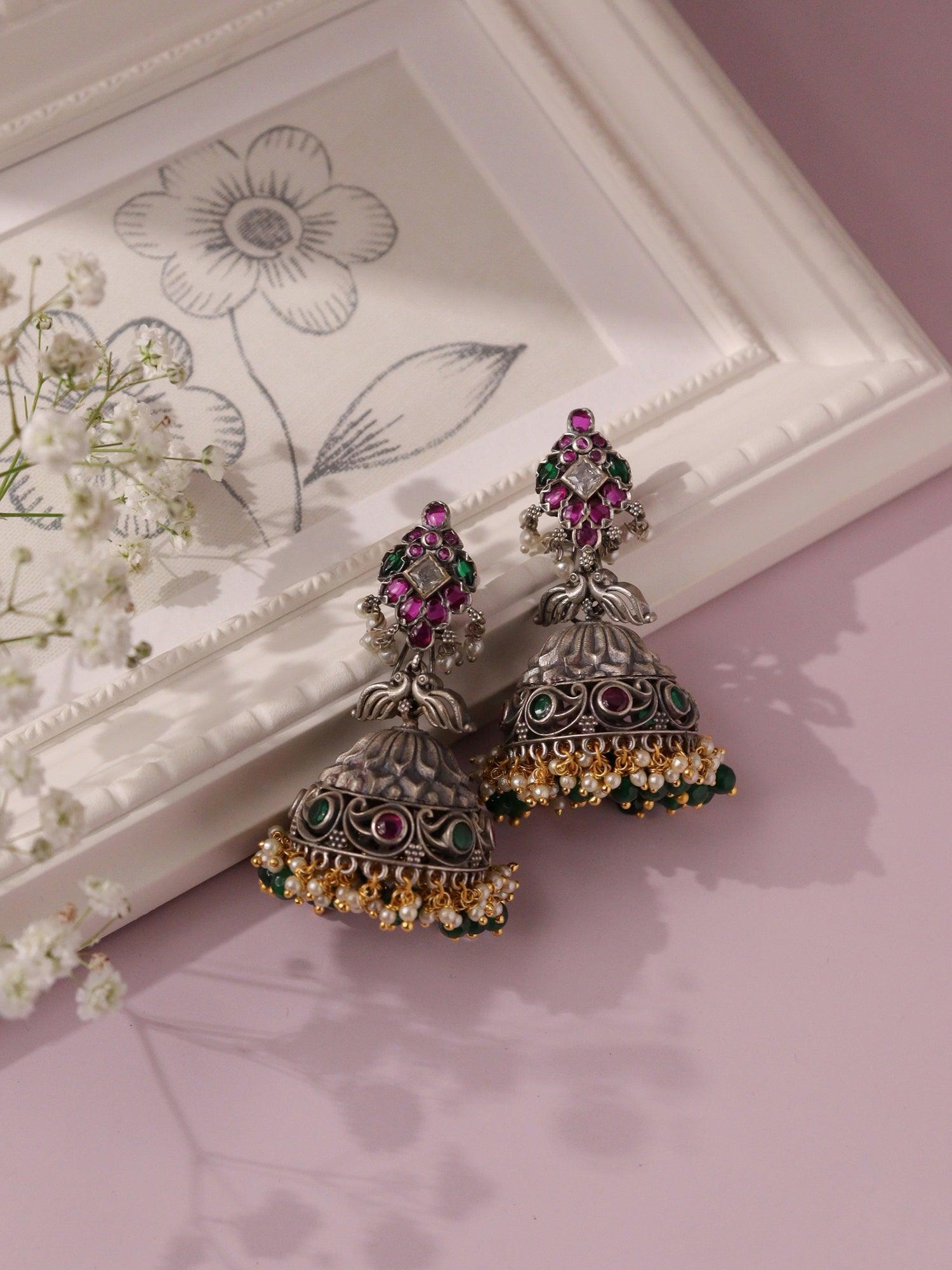 Aria Green and Pink Pearl jhumki Earrings - Curio Cottage 