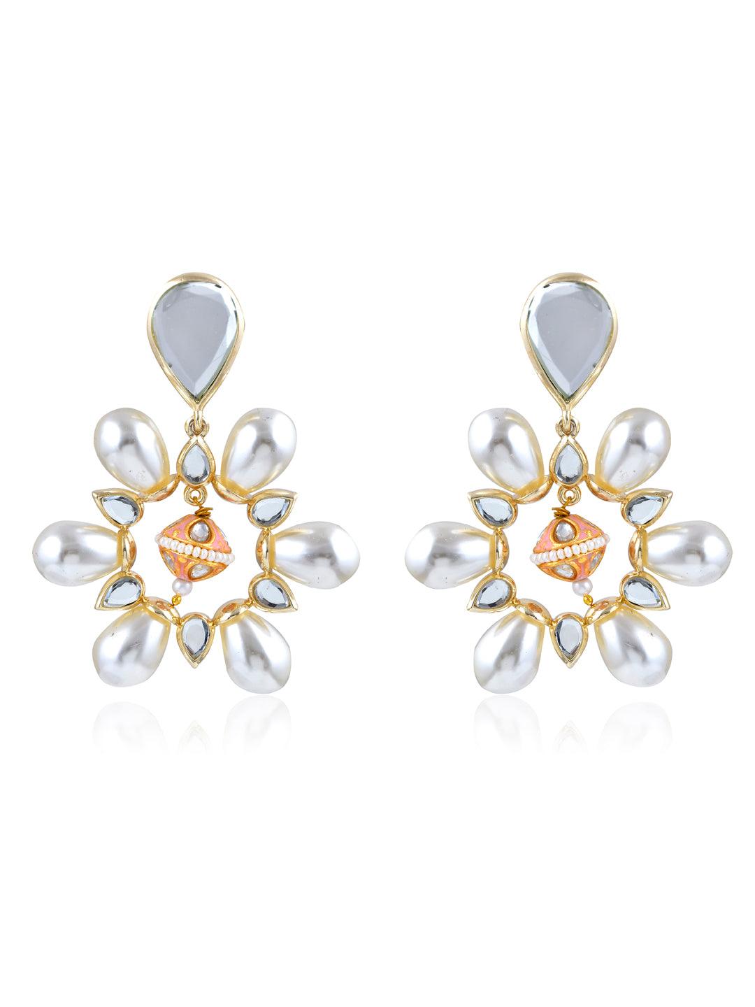 Aina Pearl and Mirror Pink Enameled Dangler Earrings - Curio Cottage 