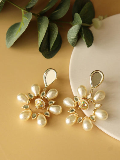 Aina Pearl and Mirror Green Enameled Dangler Earrings - Curio Cottage 
