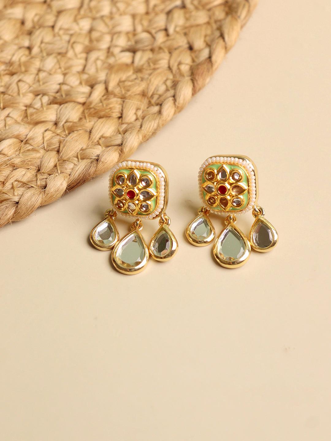 Aina Mint Green and Red Floral Mirror Drop Earrings - Curio Cottage 