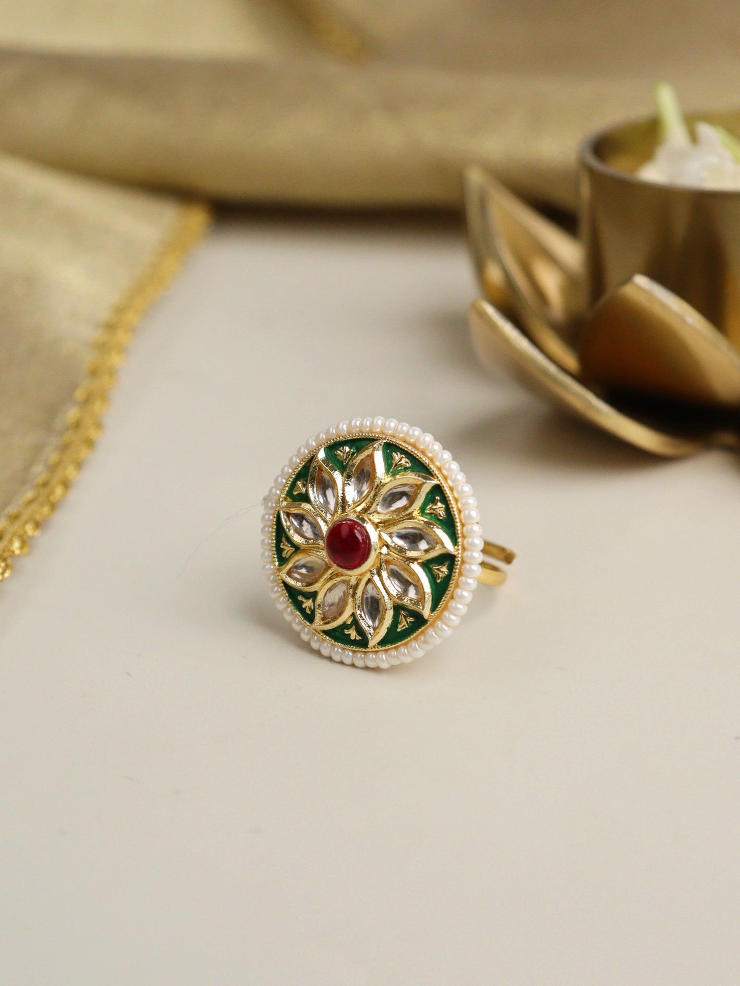 Bridal Red and Green Stone Plumeria Ring - Curio Cottage Bridal Red and Green Stone Plumeria Ring