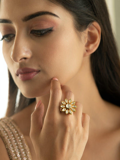 Gold Plated Floral Red Kundan Adjustable Ring