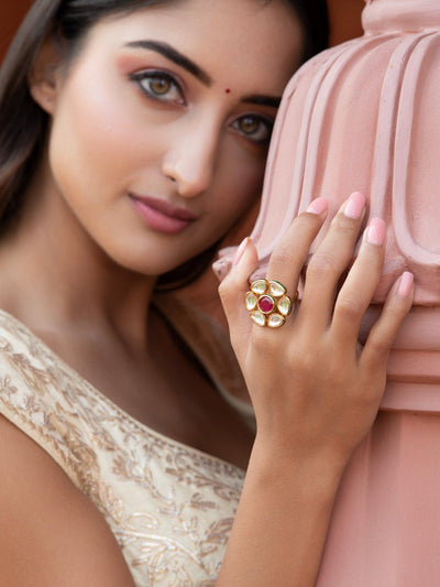 Bridal Red and Kundan Stone Aster Ring - Curio Cottage 