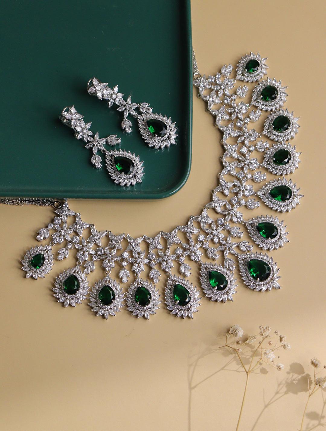 Feathered Green Diamante Cubic Zirconia Necklace Set – Curio Cottage