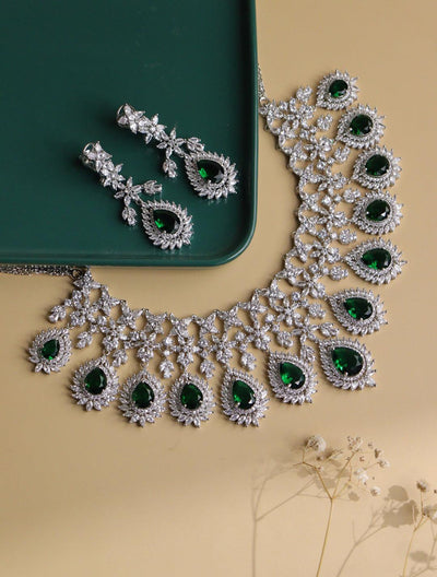 Feathered Green Diamante Cubic Zirconia Necklace Set - Curio Cottage 