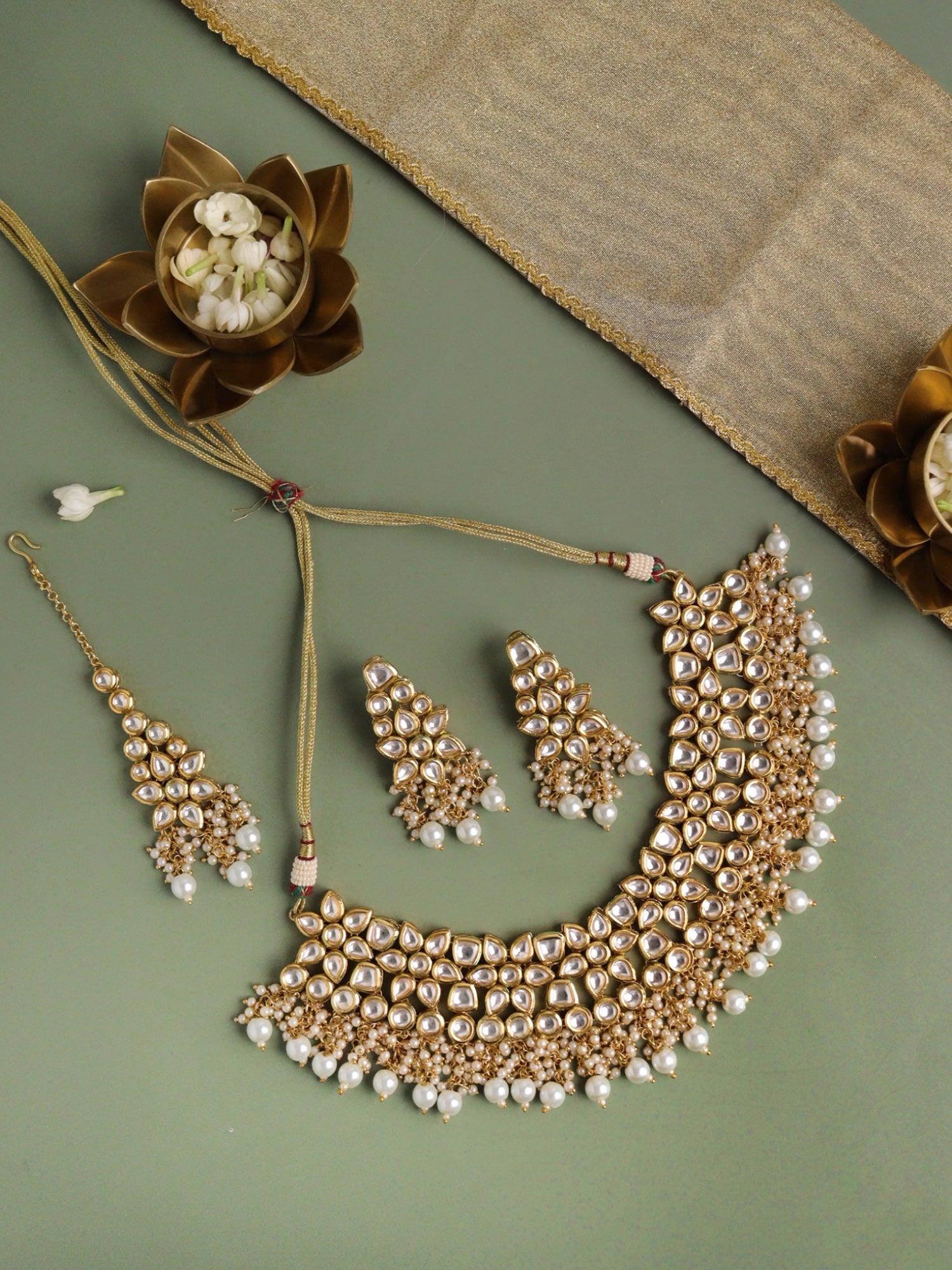 Bridal Kundan and Pearls Floral Necklace Set - Curio Cottage 