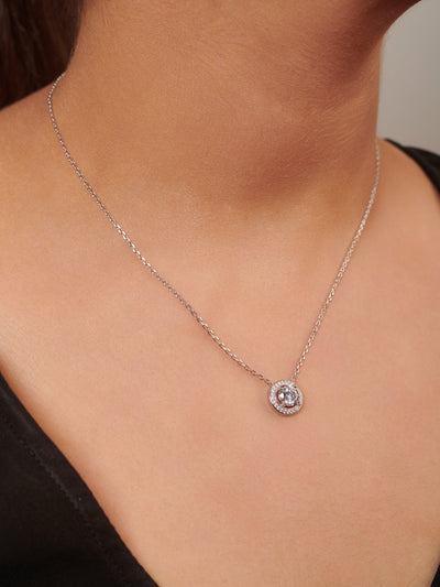 Pure Silver Halo Solitaire Necklace Embellished With Cubic Zirconia Stones. - Curio Cottage 