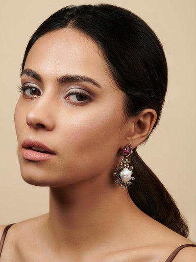 Baroque Pearls And Red Stone Embellished Pure Silver Dangler Earrings - Default Title (WSEC02) 