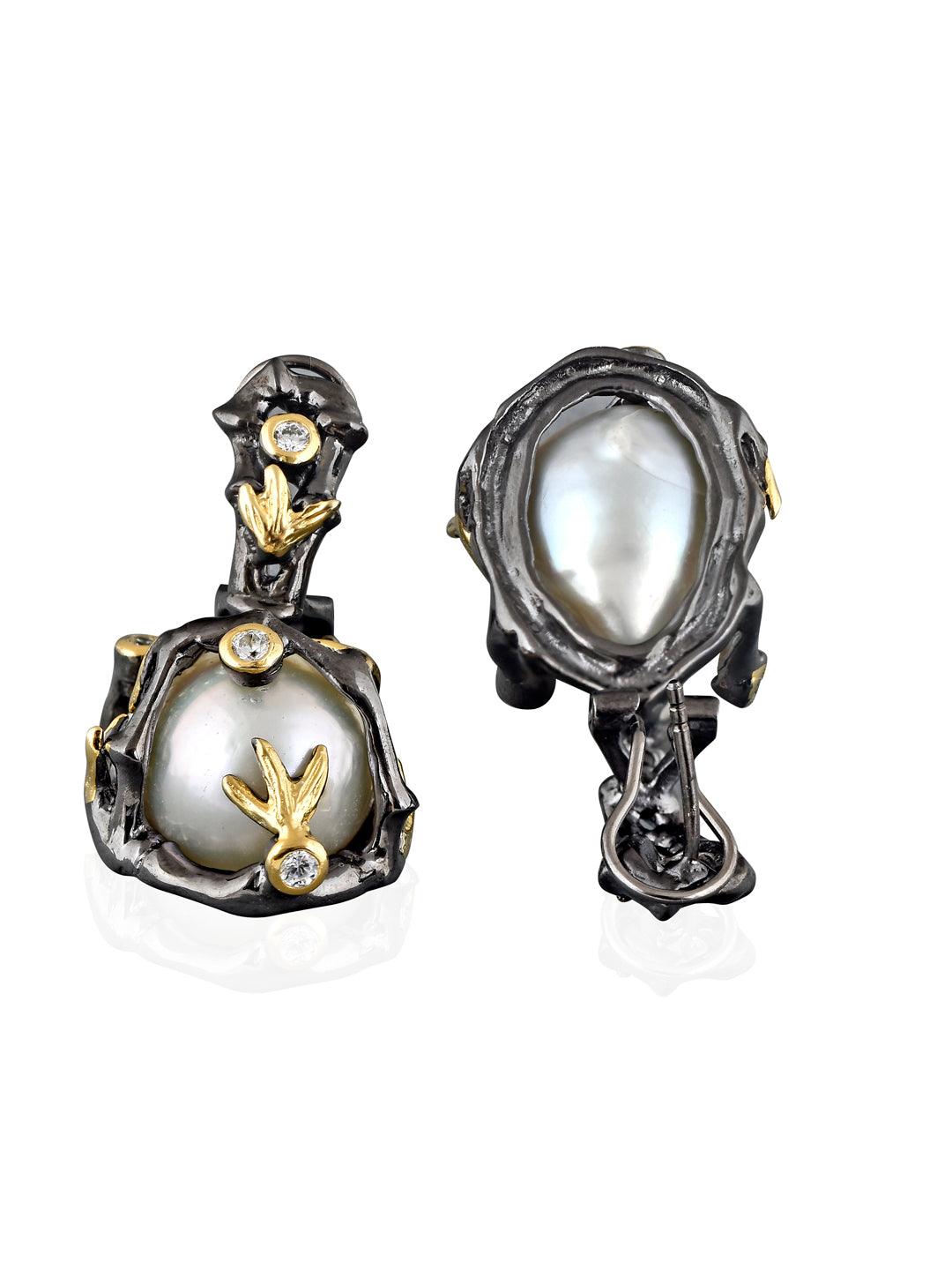 Two Tone And Baroque Pearls Cubic Zirconia Pure Silver Embellished Earrings - Curio Cottage 