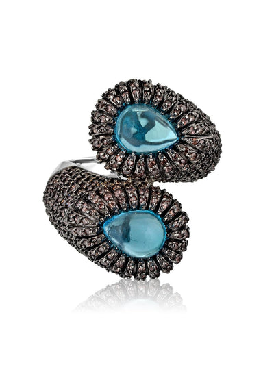 Drop Of Blue Pure Silver Ring Embellished With Cubic Zirconia Stones - Curio Cottage 
